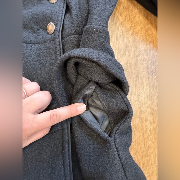 Free People Black Double-Breasted Military Style Ruffle Pea Coat with Pockets, 0 - Picture 2 of 13